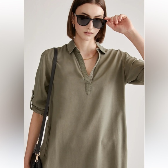 Quince 100% Lyocell Vintage Wash Tencel Roll Sleeve Tunic Dress Olive Green L - Picture 3 of 13